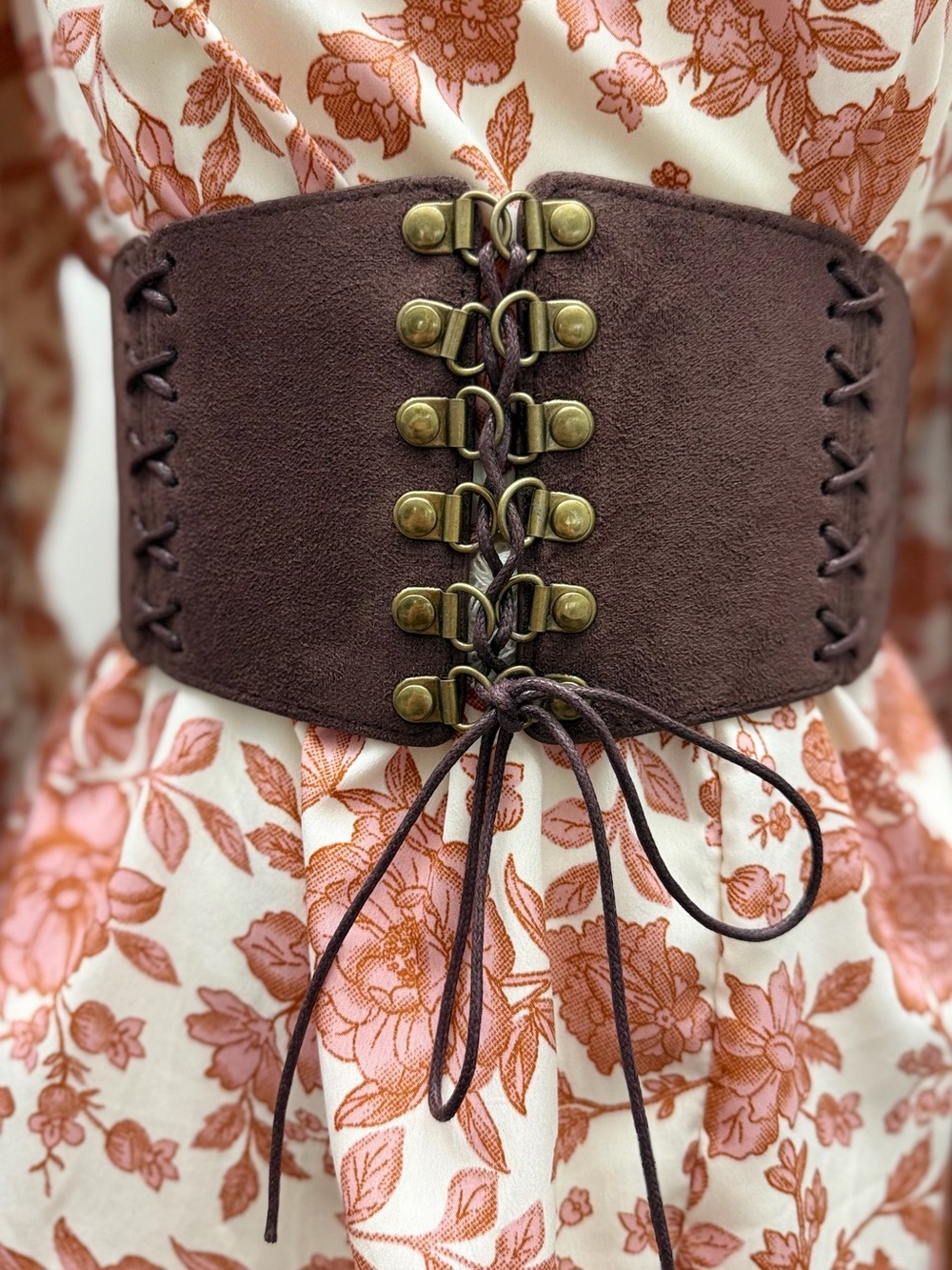 Brown Corset Waist Belt Wide Elastic Lace Up Boho Renaissance Cinch Belt